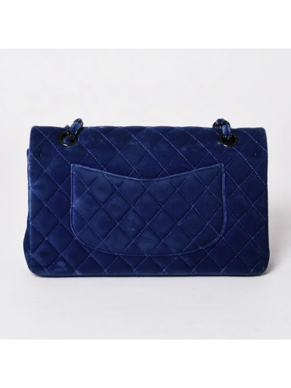 Chanel Quilted 25 Shoulder Bag Double Flap Velour Blue Black